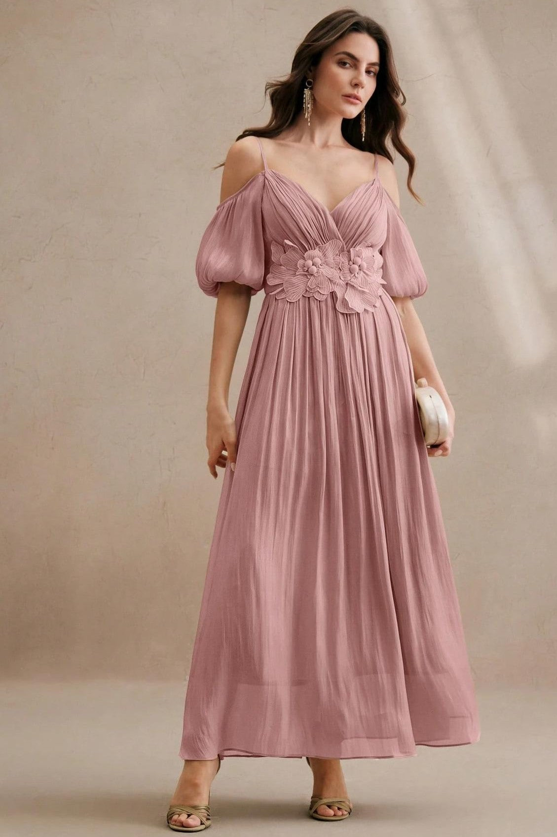 Embroidered 3D Flower Puff Sleeve Midi Dress