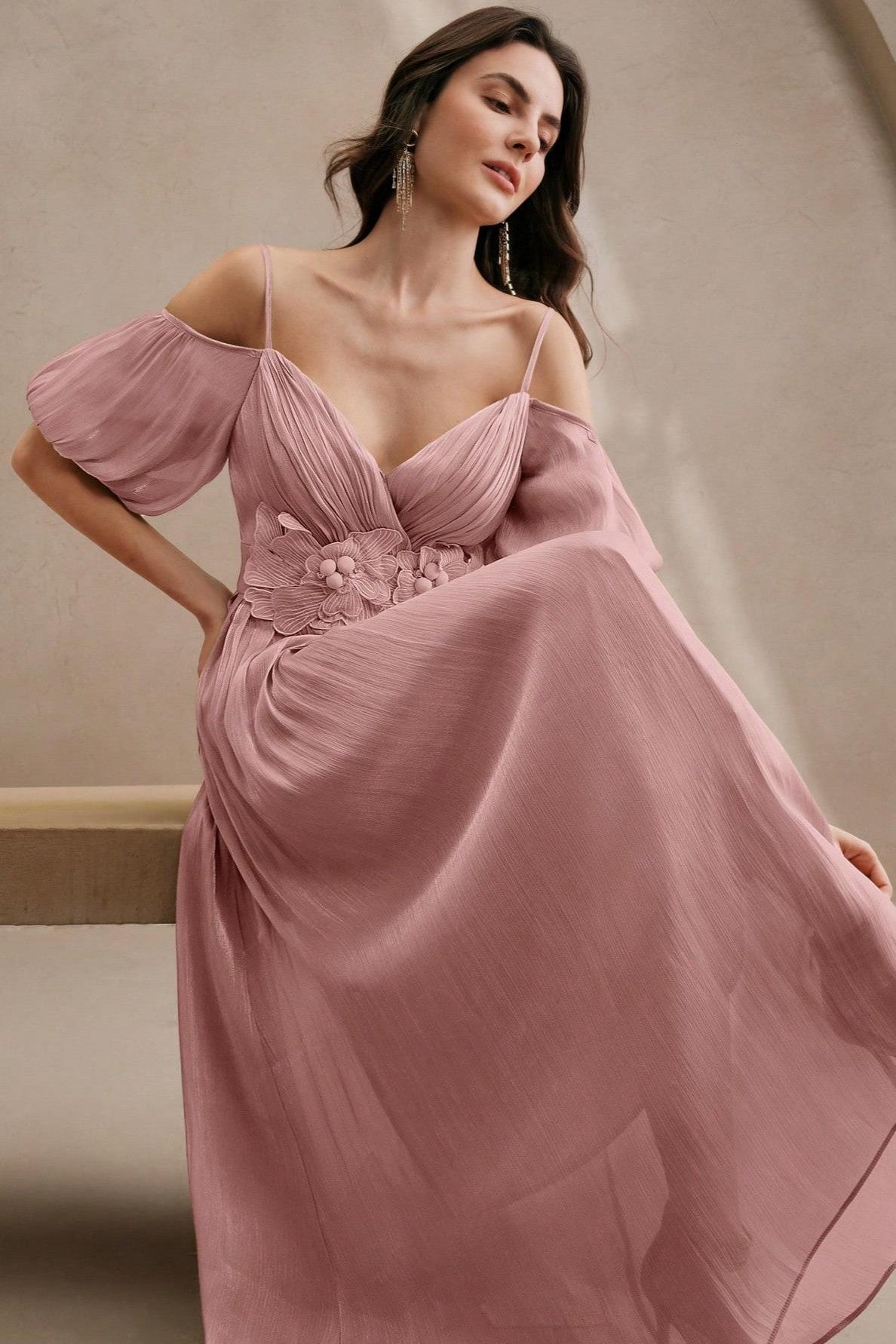 Embroidered 3D Flower Puff Sleeve Midi Dress