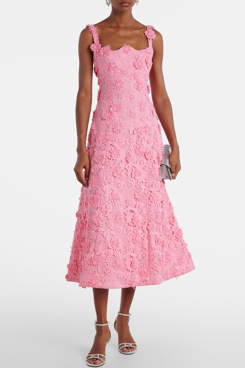 3D Flower Lace Slip Midi Dress