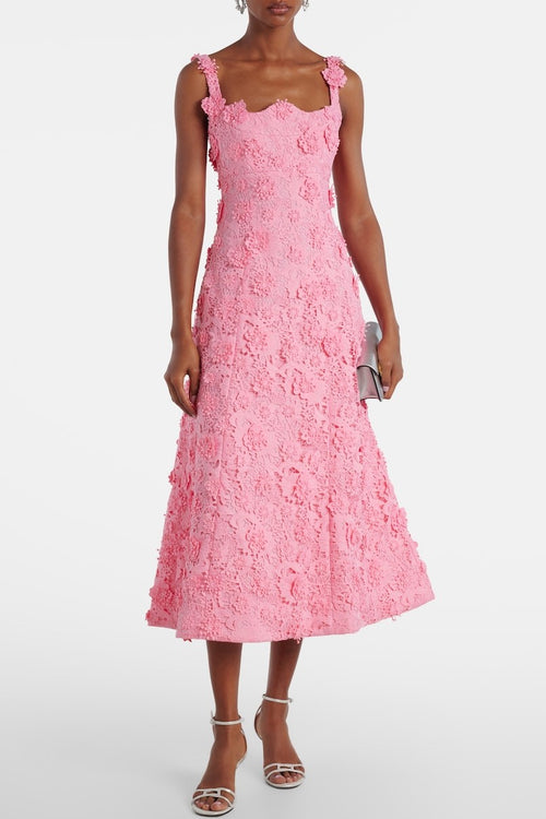 3D Flower Lace Slip Midi Dress