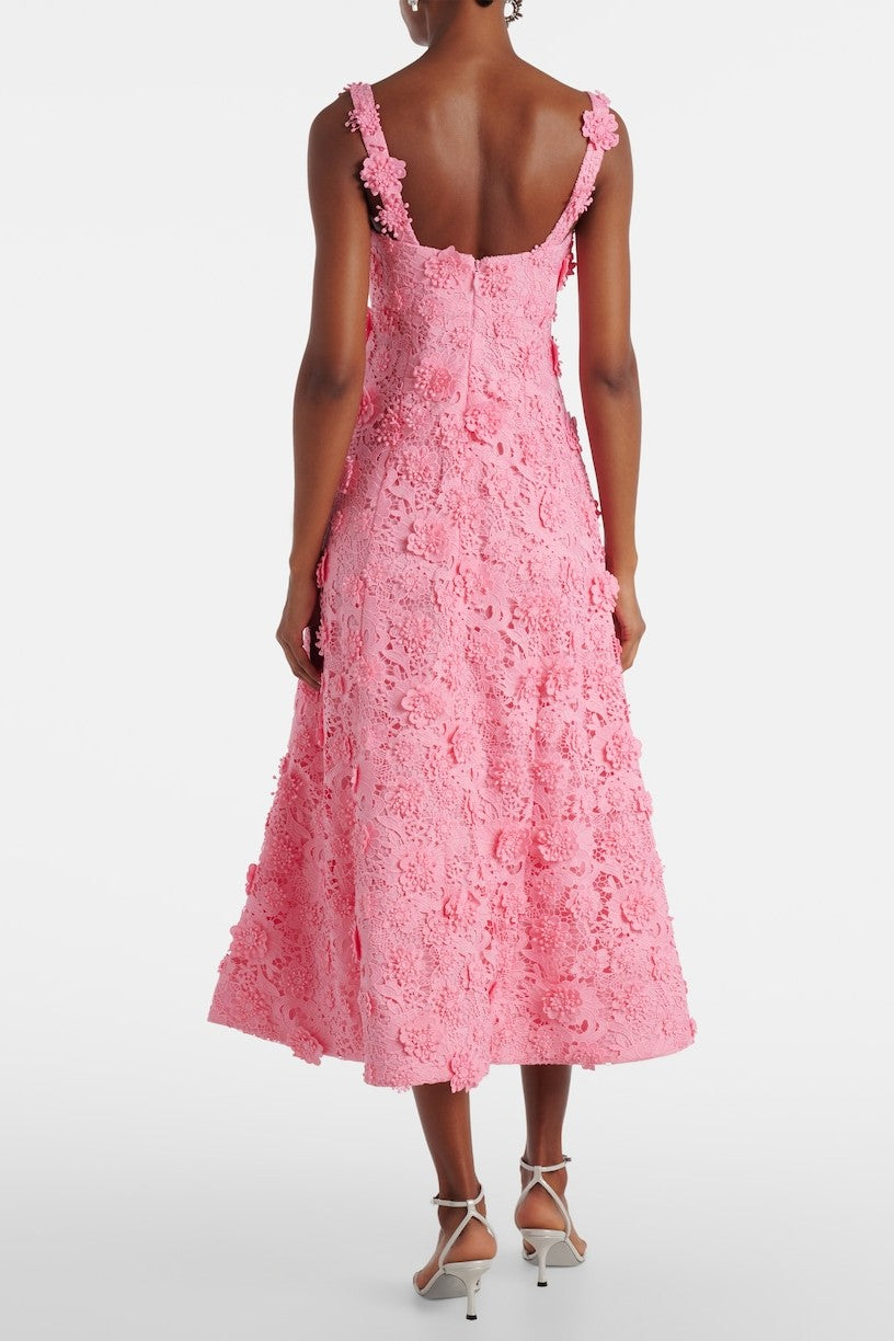 3D Flower Lace Slip Midi Dress