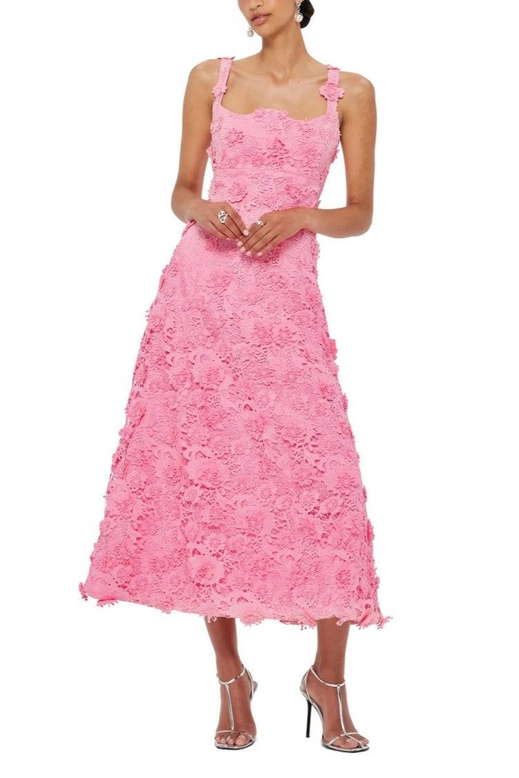 3D Flower Lace Slip Midi Dress