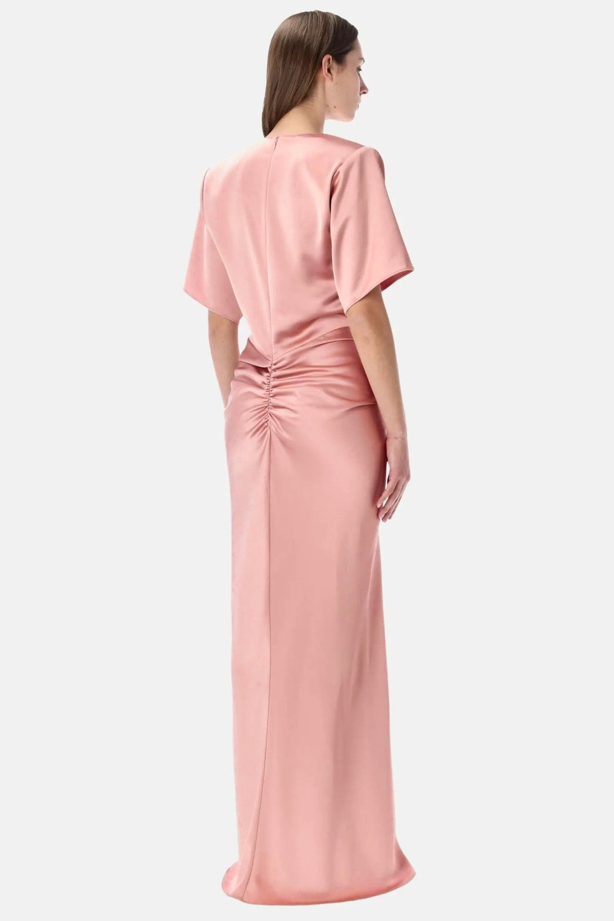 Satin Ruched Round Neck Maxi Dress