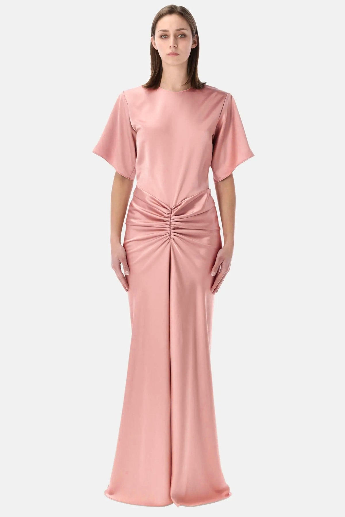 Satin Ruched Round Neck Maxi Dress