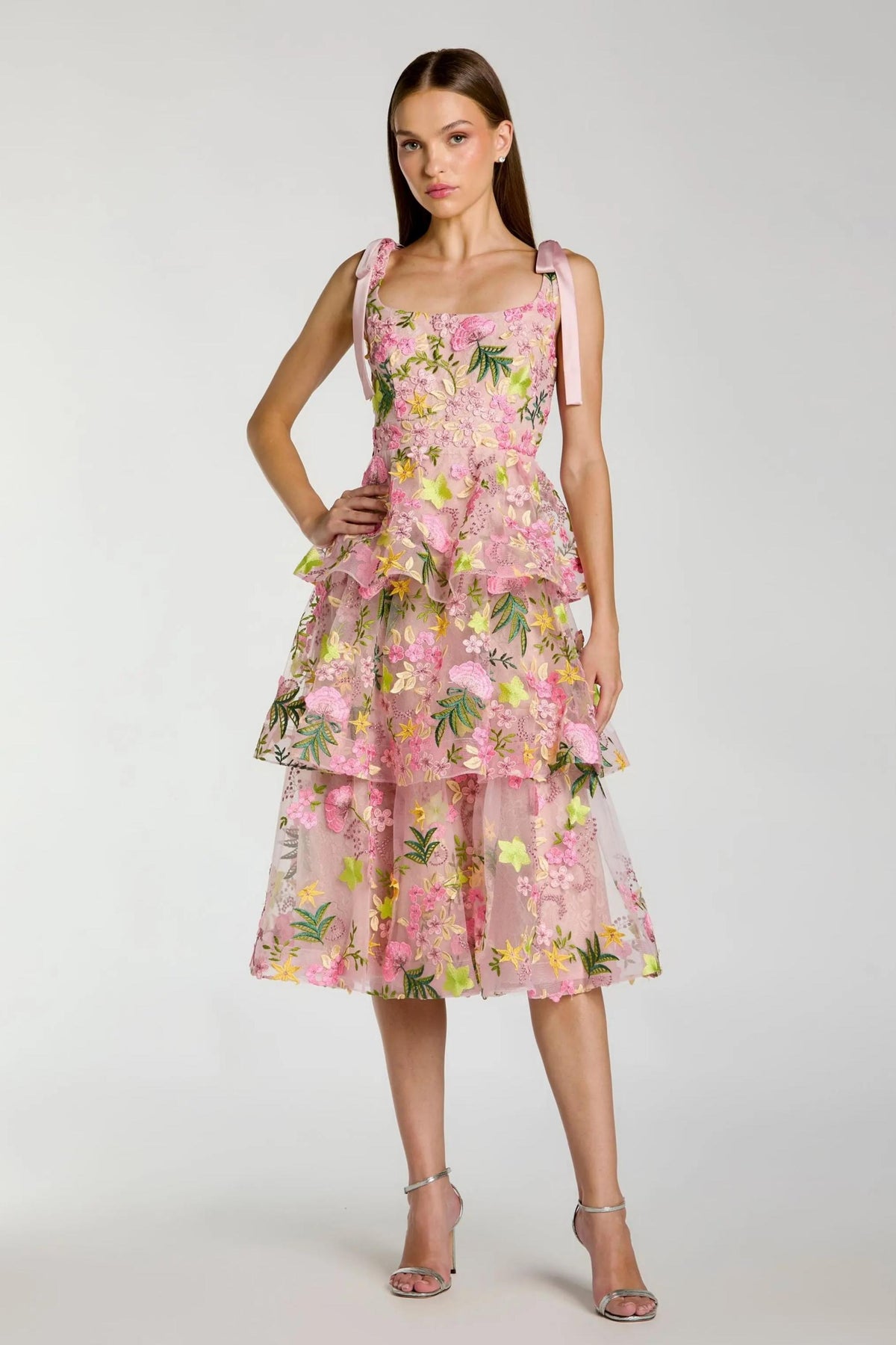 Embroidered Ruffle Bow Midi Dress