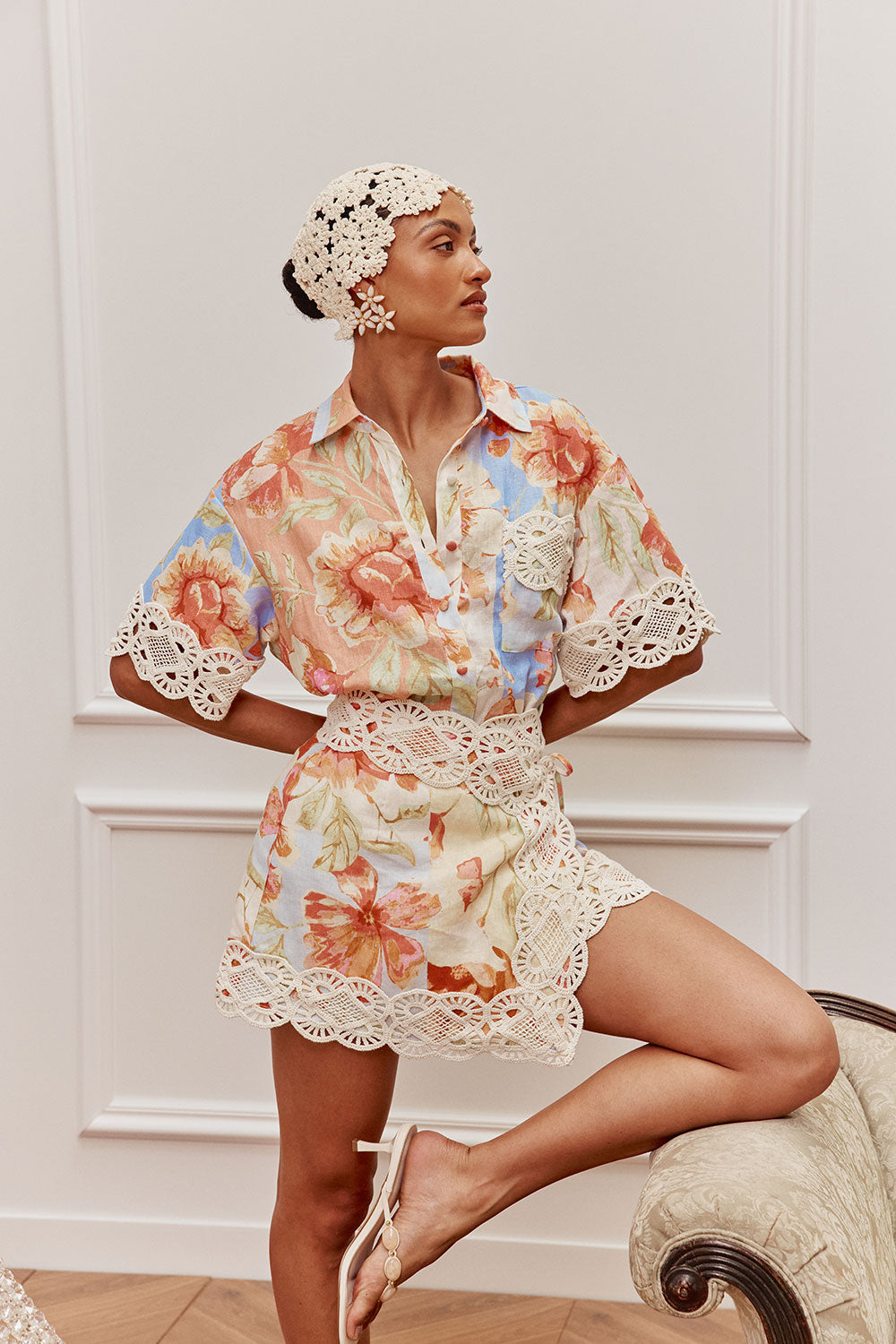 Floral Crochet Top & Wrap Mini Skirt Set