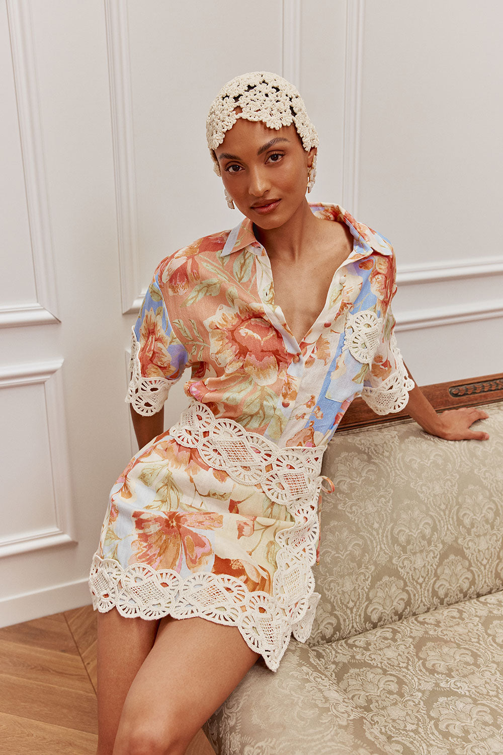 Floral Crochet Top & Wrap Mini Skirt Set