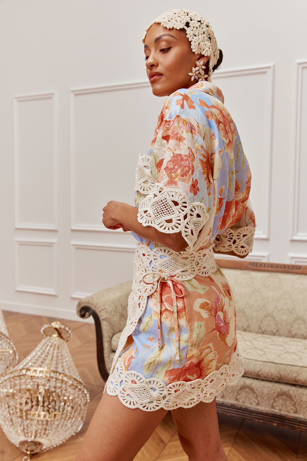 Floral Crochet Top & Wrap Mini Skirt Set