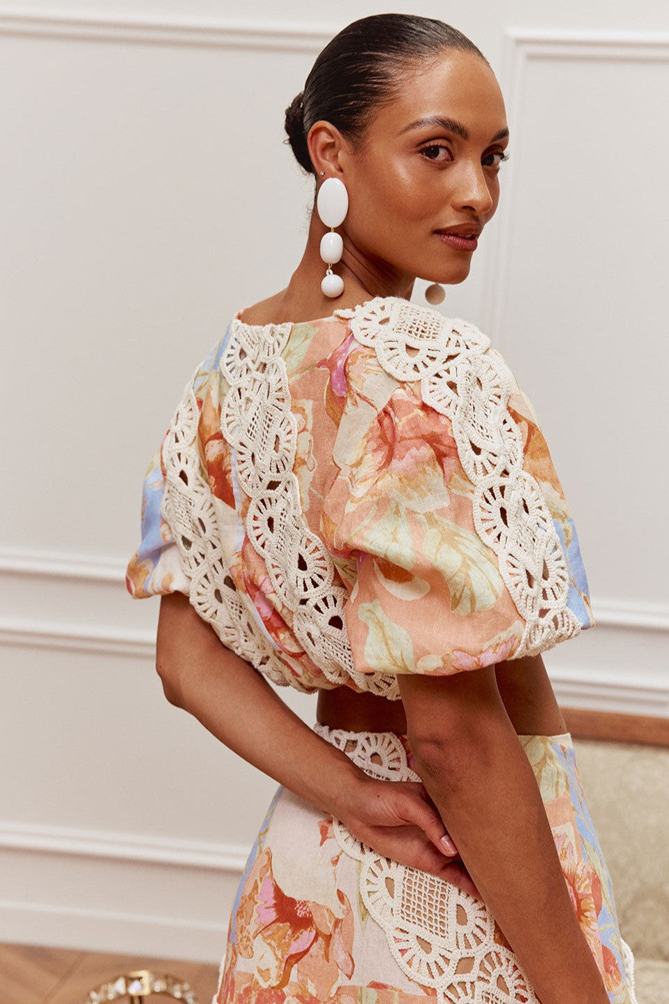 Lace Floral Puff Sleeve Top & High Waist Maxi Skirt Set