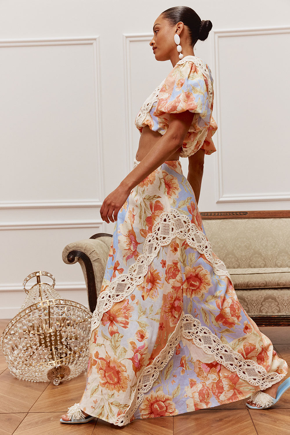 Lace Floral Puff Sleeve Top & High Waist Maxi Skirt Set