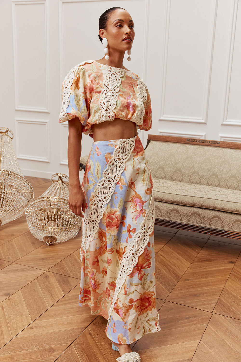 Lace Floral Puff Sleeve Top & High Waist Maxi Skirt Set