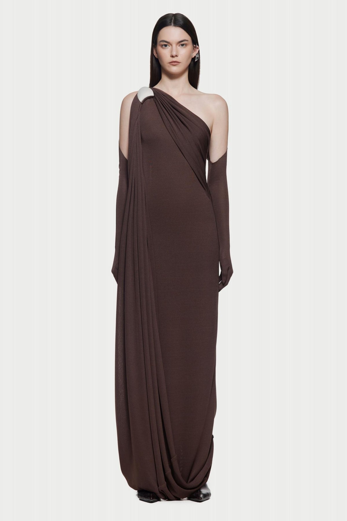 Asymmetric Neck Gathering With Gloves Maxi Dress