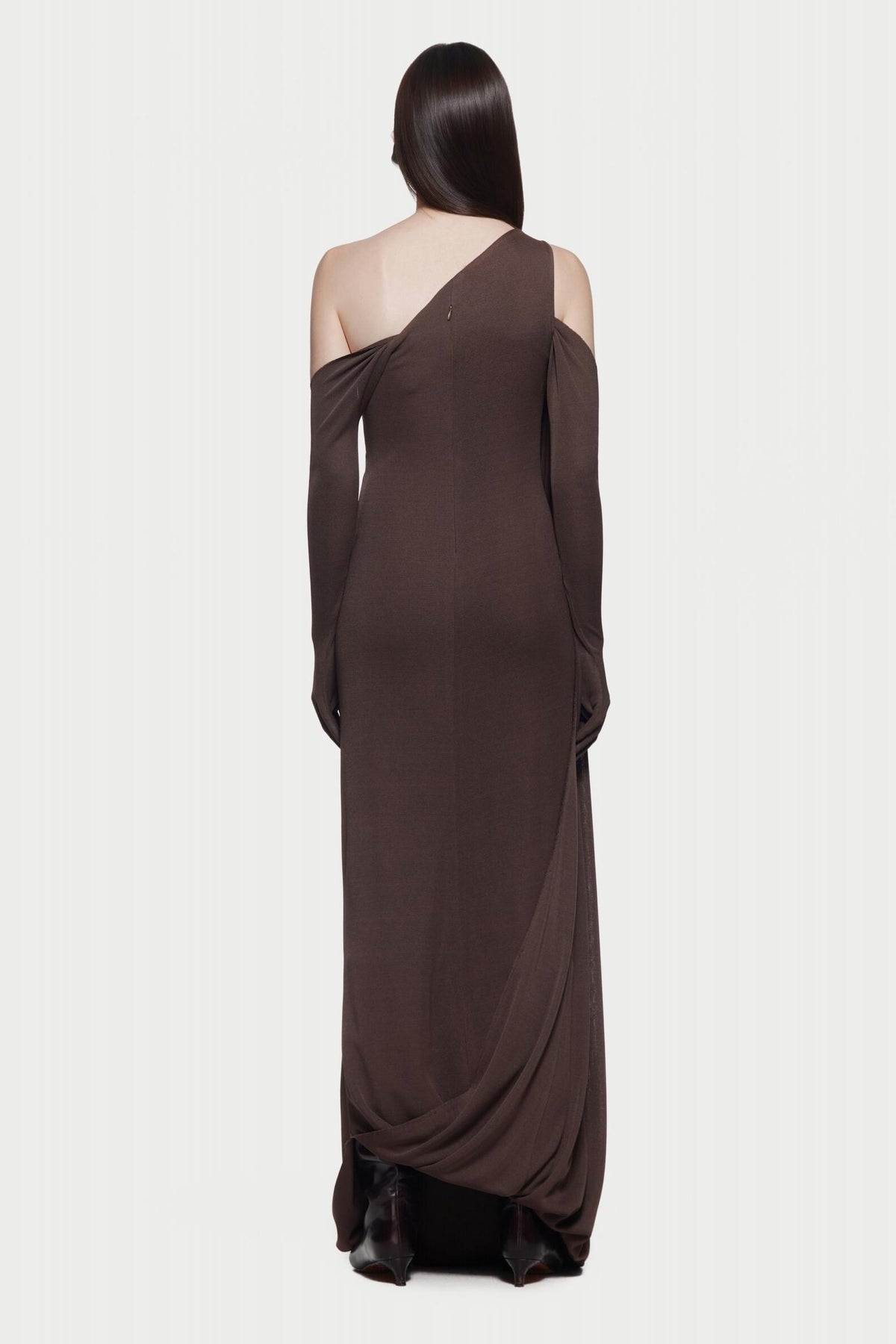 Asymmetric Neck Gathering With Gloves Maxi Dress