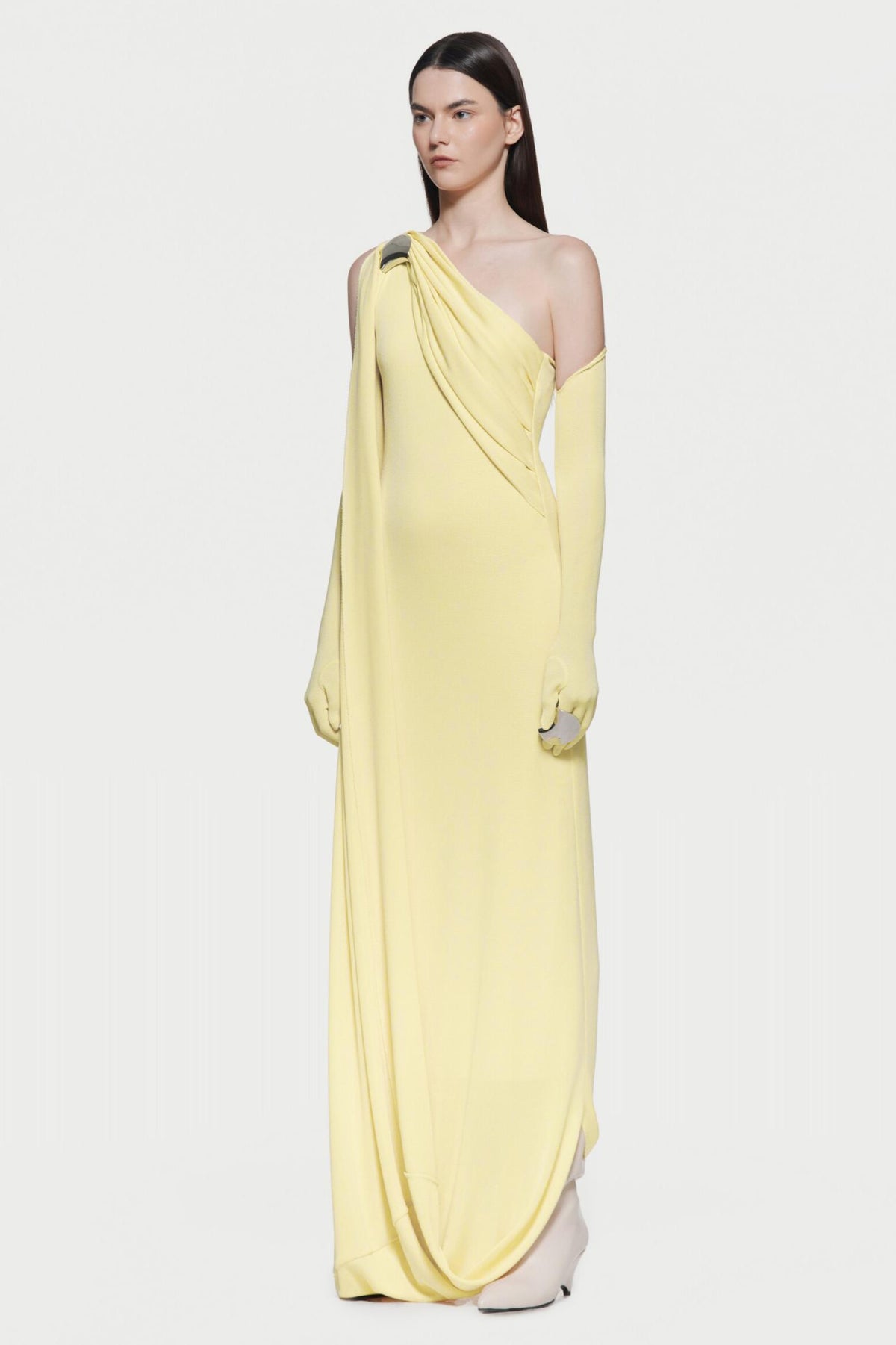 Asymmetric Neck Gathering With Gloves Maxi Dress