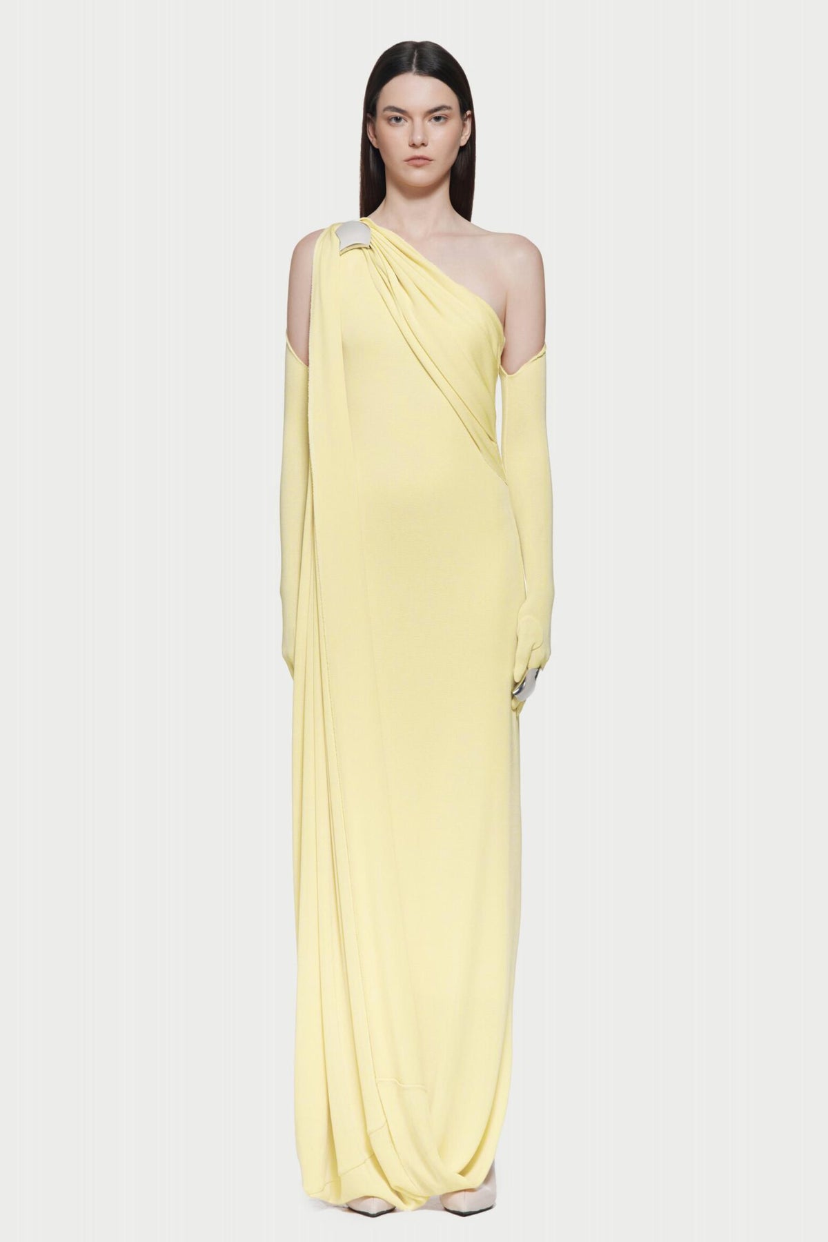Asymmetric Neck Gathering With Gloves Maxi Dress