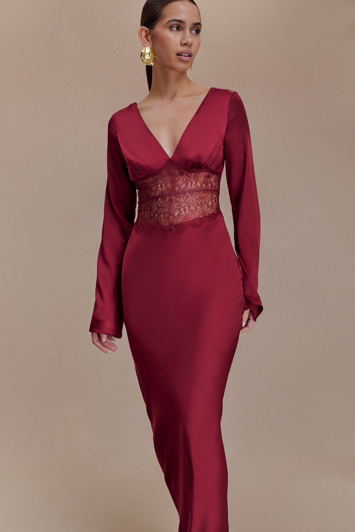 Long Sleeve V-Neck Lace Maxi Dress