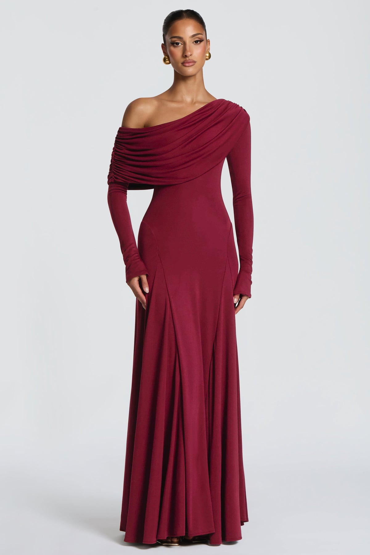 Solid Skew Collar Gathering Maxi Dress