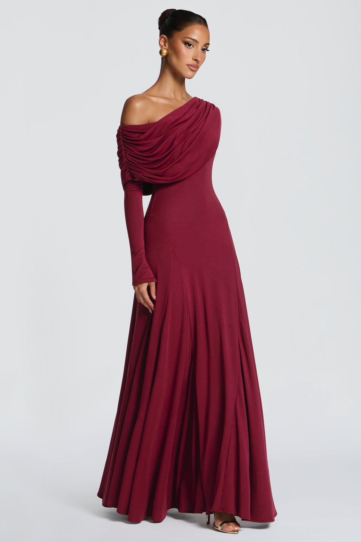 Solid Skew Collar Gathering Maxi Dress
