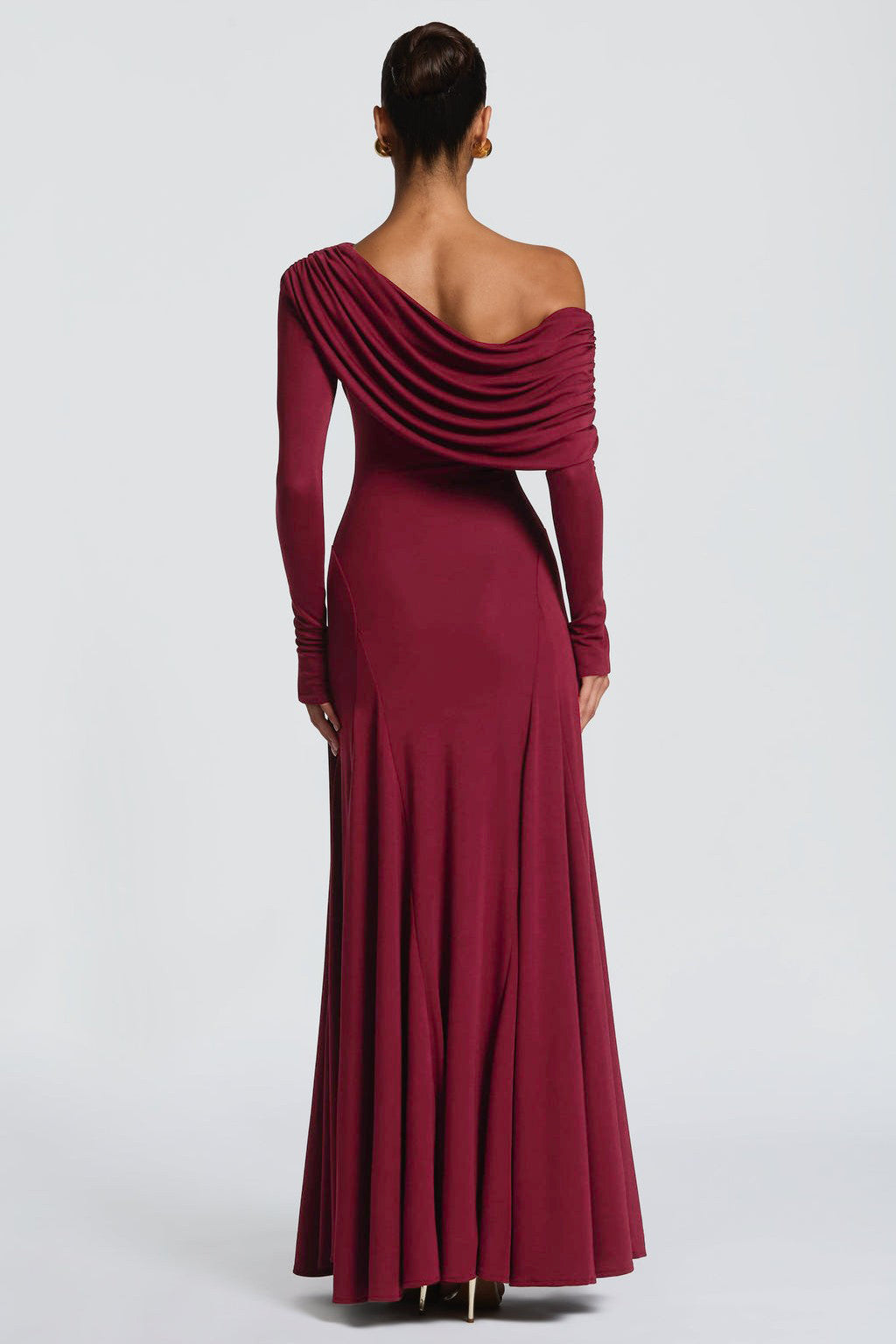 Solid Skew Collar Gathering Maxi Dress