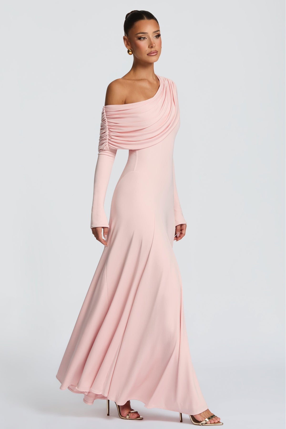 Solid Skew Collar Gathering Maxi Dress