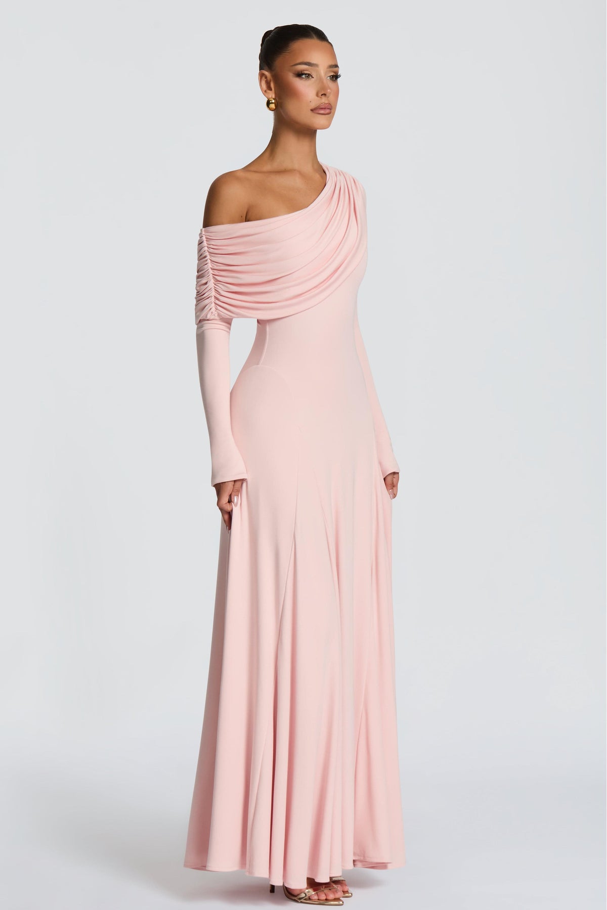 Solid Skew Collar Gathering Maxi Dress