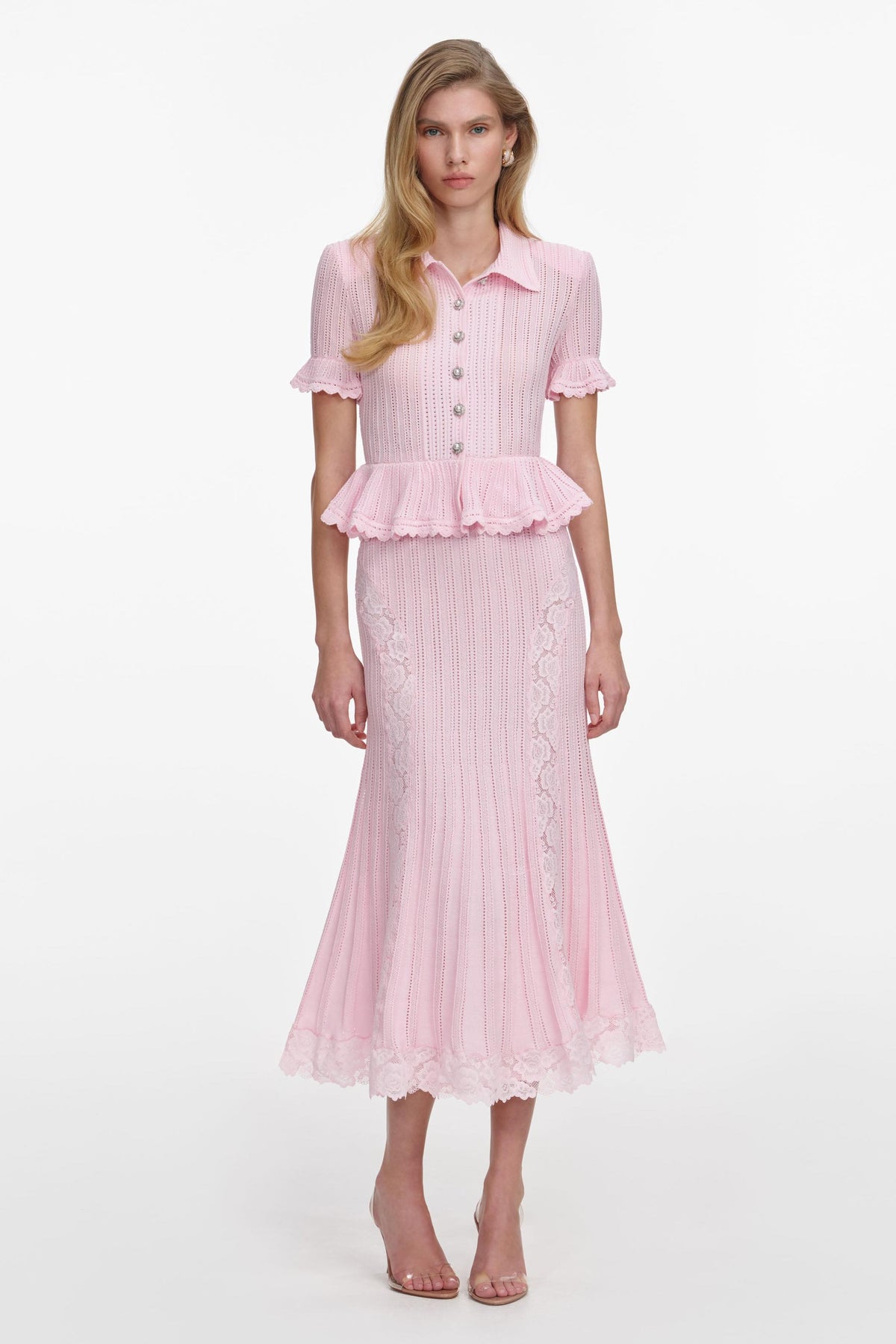 Knit Peplum Hem Top & Lace Splicing Midi Skirt Set