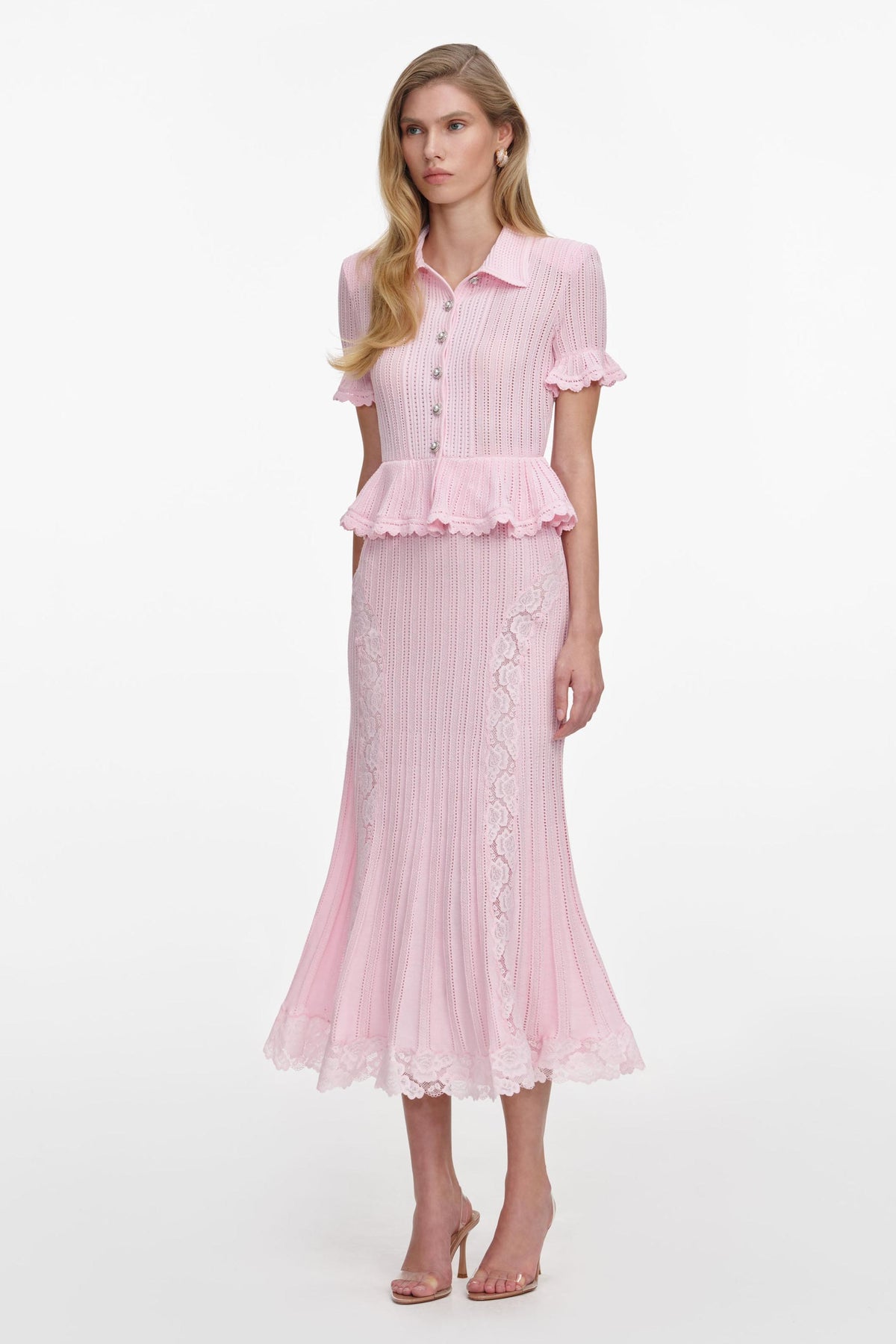 Knit Peplum Hem Top & Lace Splicing Midi Skirt Set