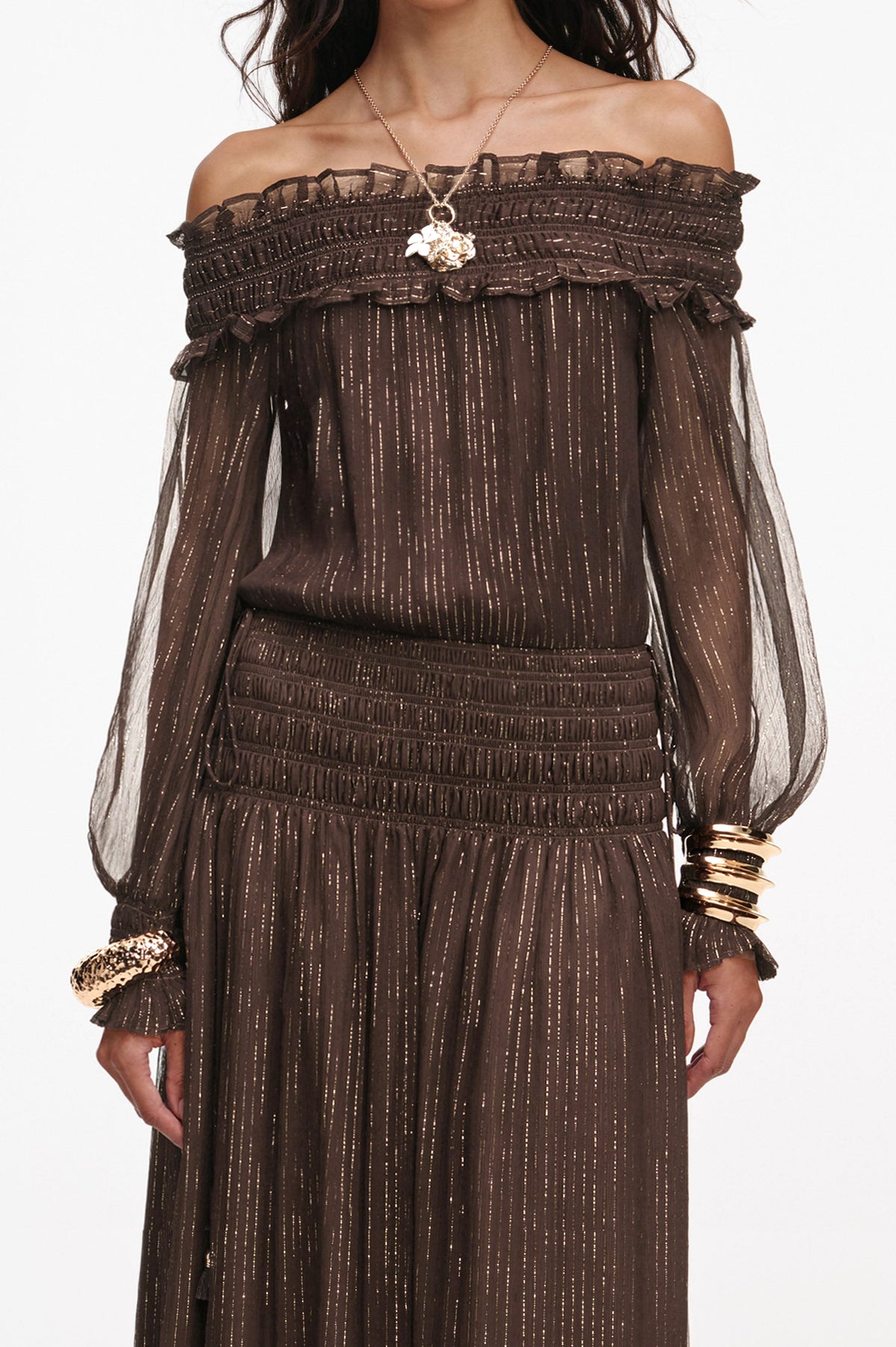 Off Shoulder Smoacking Frill Maxi Dress