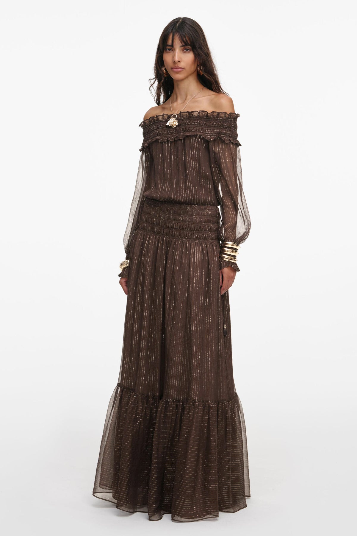 Off Shoulder Smoacking Frill Maxi Dress
