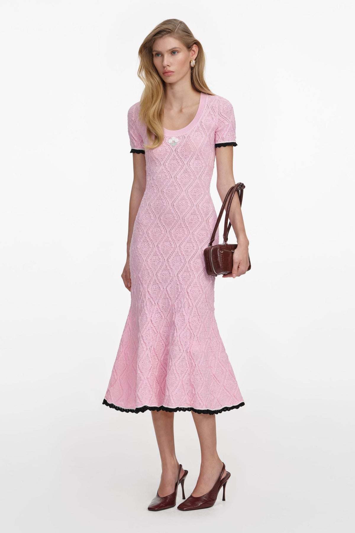 Contrast Color Pointelle Knit Midi Dress