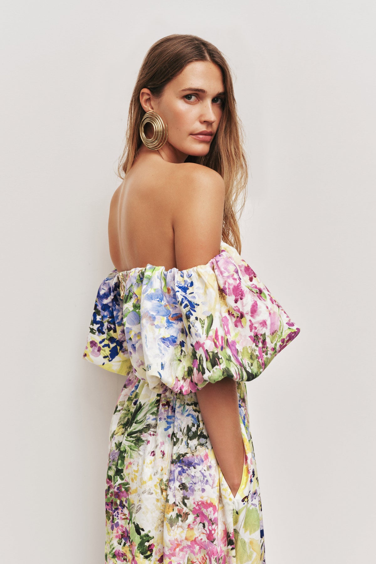 Floral Off Shoulder Puff Sleeve Midi Dress