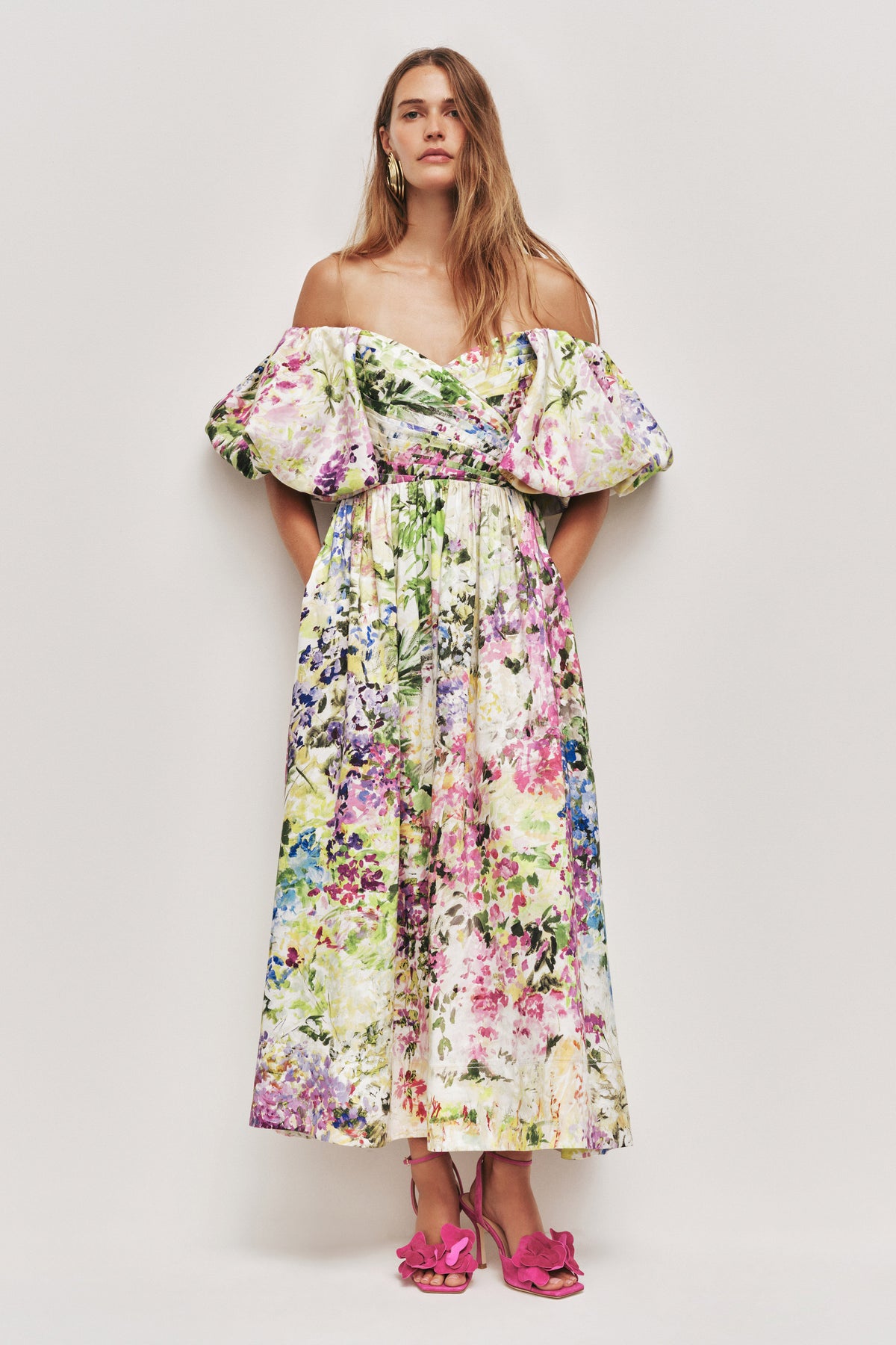 Floral Off Shoulder Puff Sleeve Midi Dress