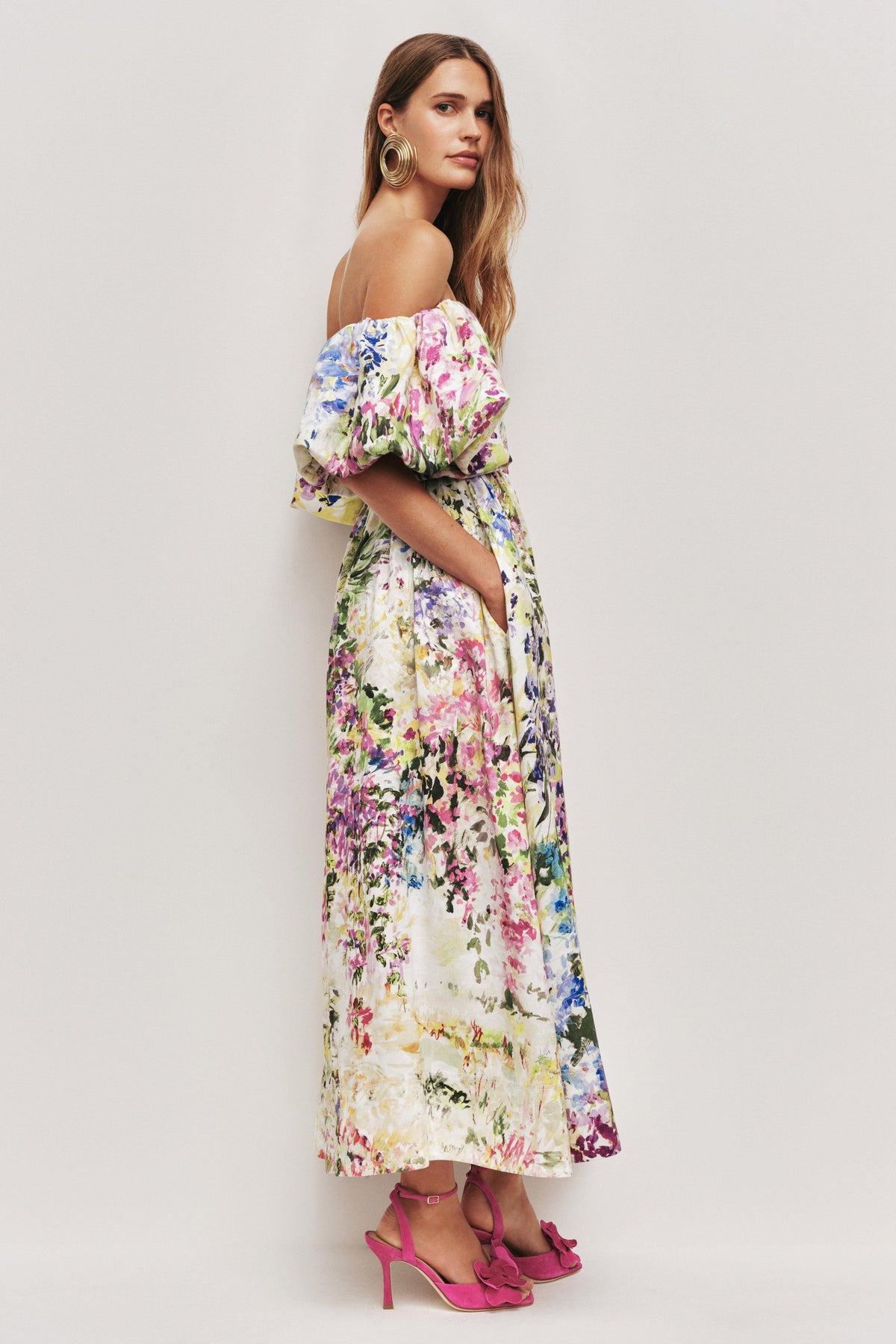 Floral Off Shoulder Puff Sleeve Midi Dress