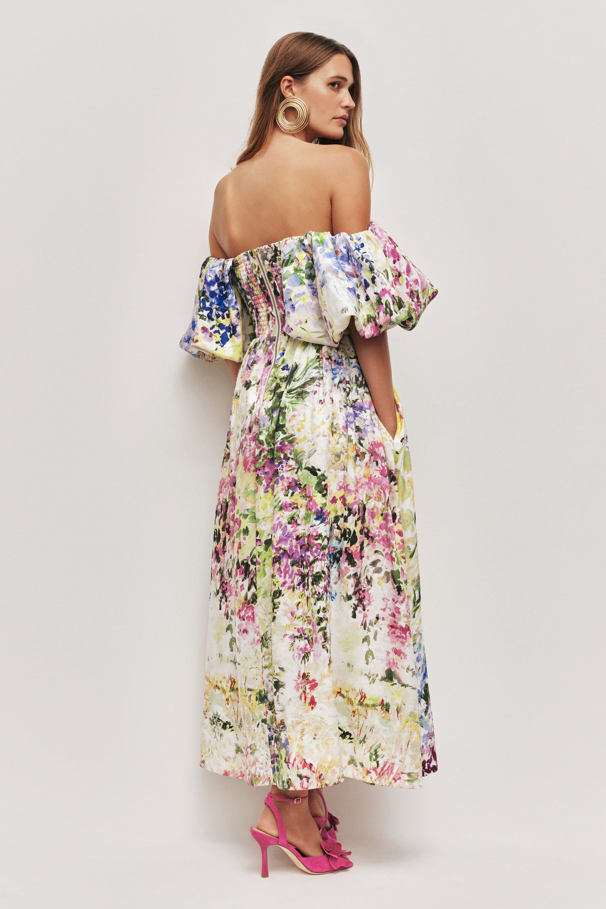 Floral Off Shoulder Puff Sleeve Midi Dress