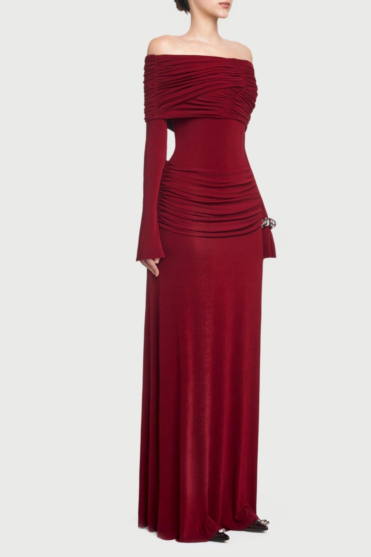 Off-shoulder Gathering Bodycon Maxi Dress