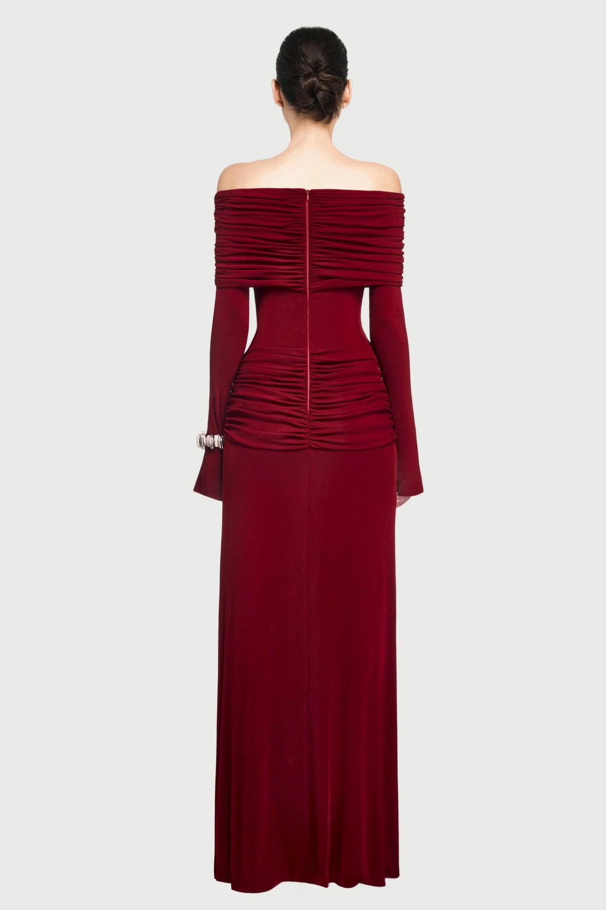Off-shoulder Gathering Bodycon Maxi Dress
