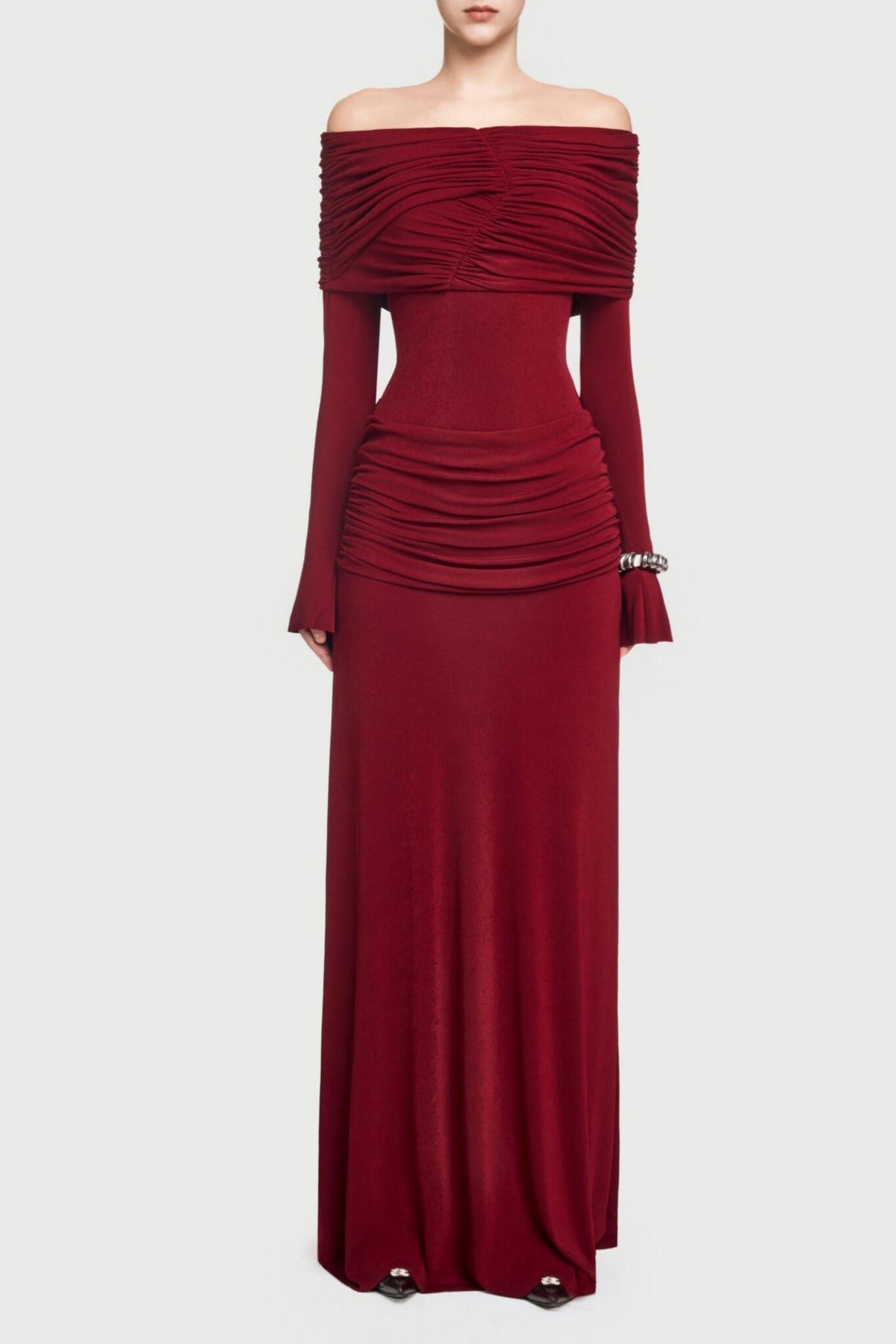 Off-shoulder Gathering Bodycon Maxi Dress