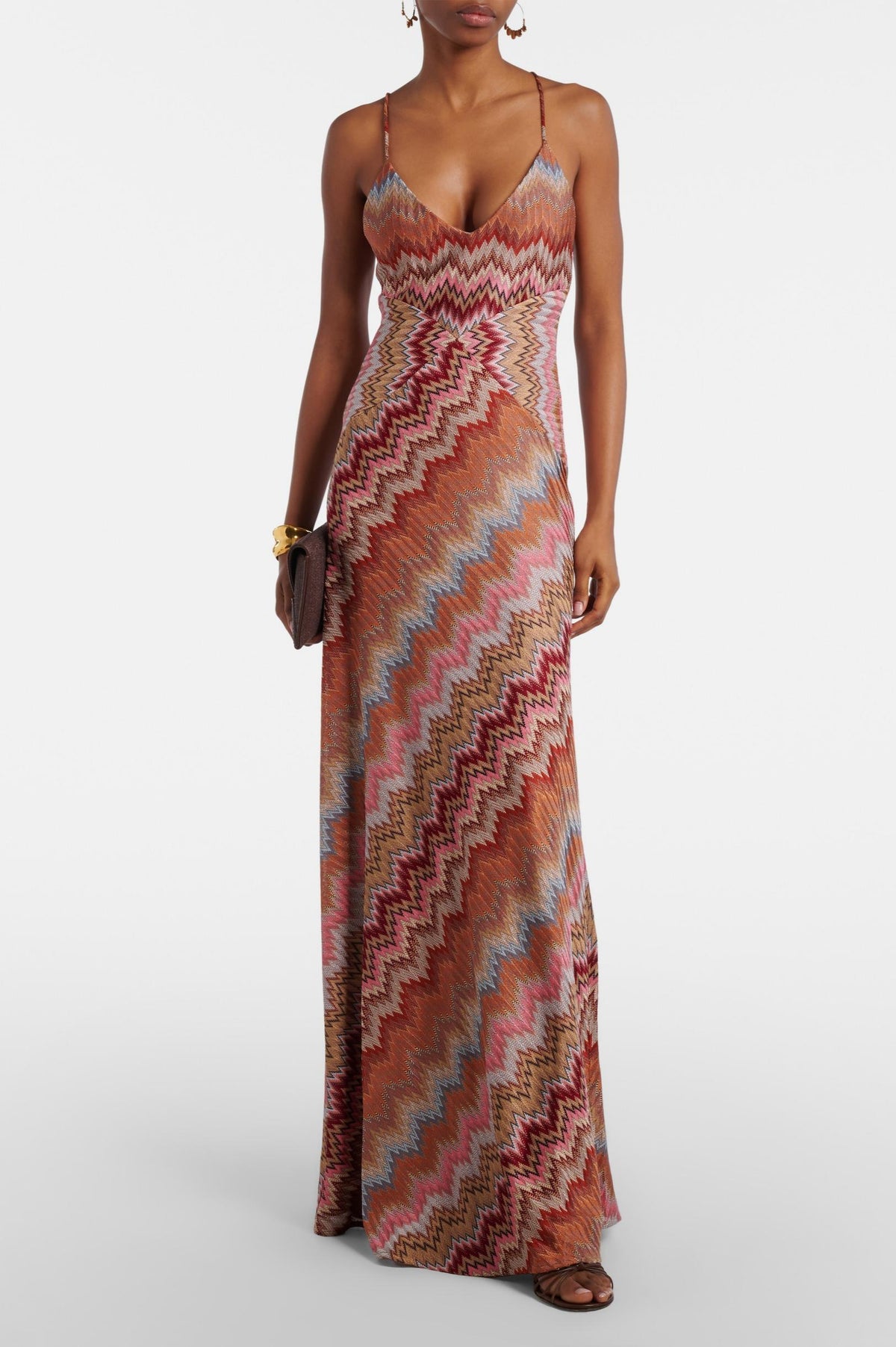 Chevron Print V-Neck Backless Slip Maxi Dress