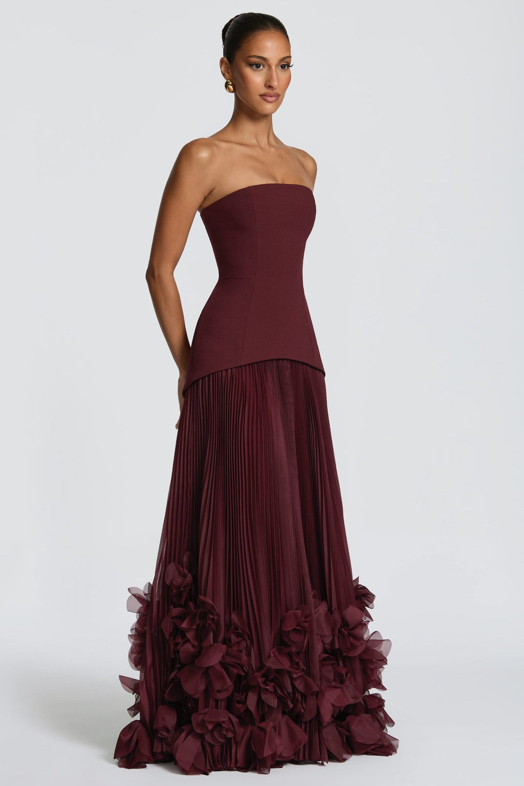 3D Flower Pleated Tie-Up Maxi Dress
