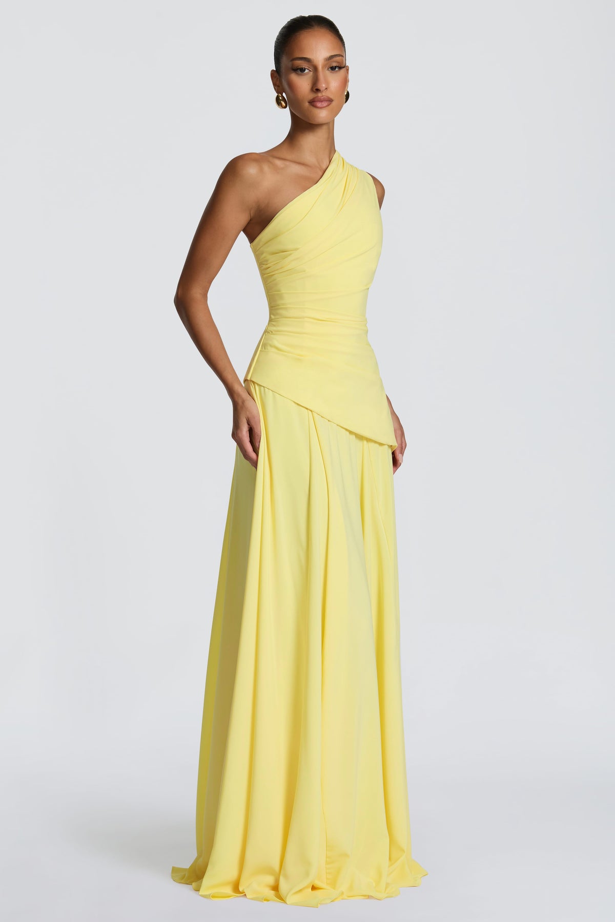 One Shoulder Gathering Tie-Up Maxi Dress