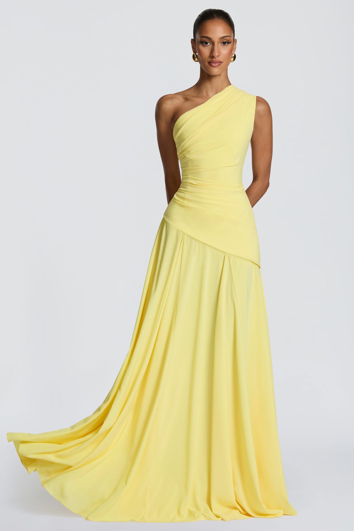 One Shoulder Gathering Tie-Up Maxi Dress