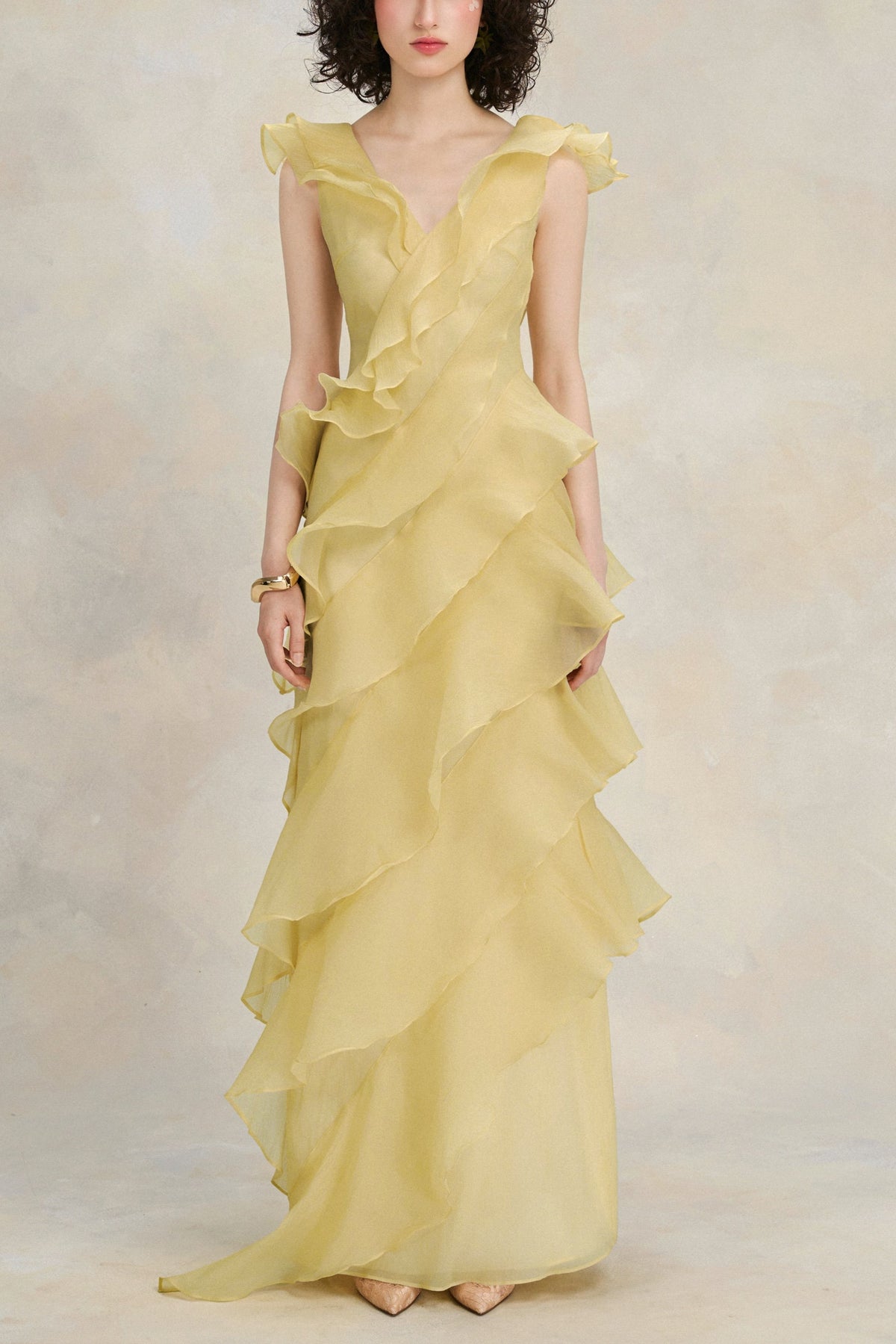 Solid V-Neck Ruffle Maxi Dress