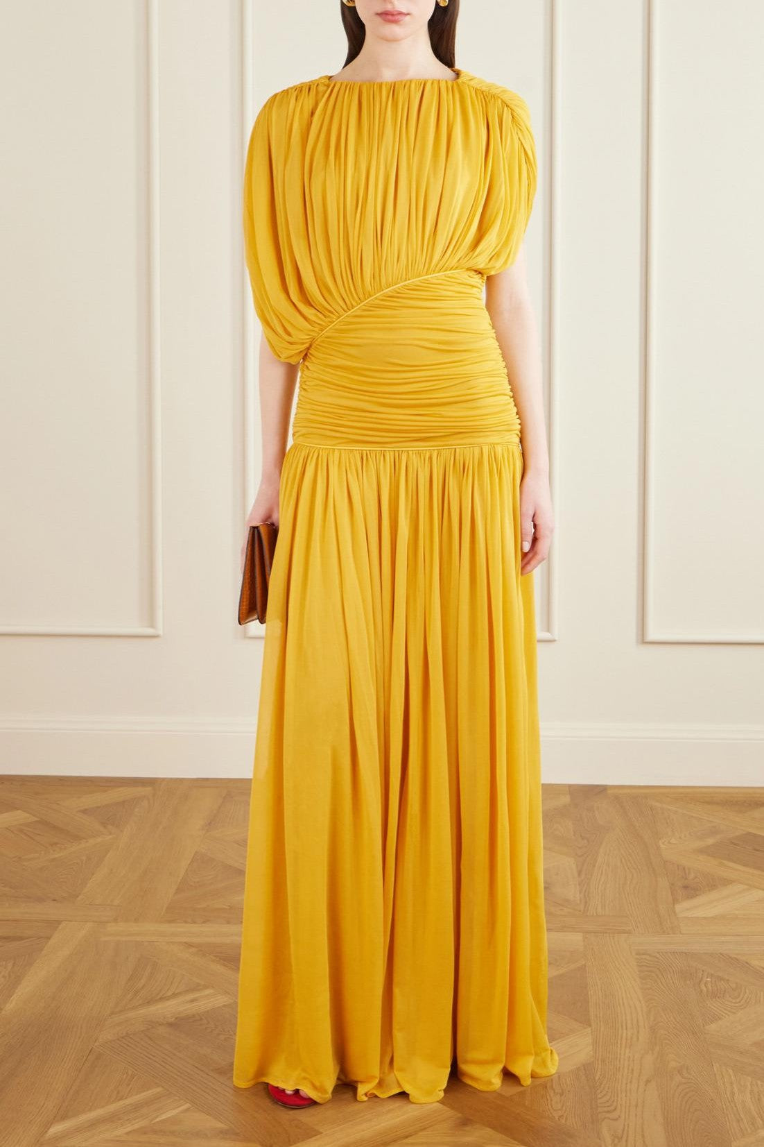 Round Neck Gathering Asymmetrical Maxi Dress