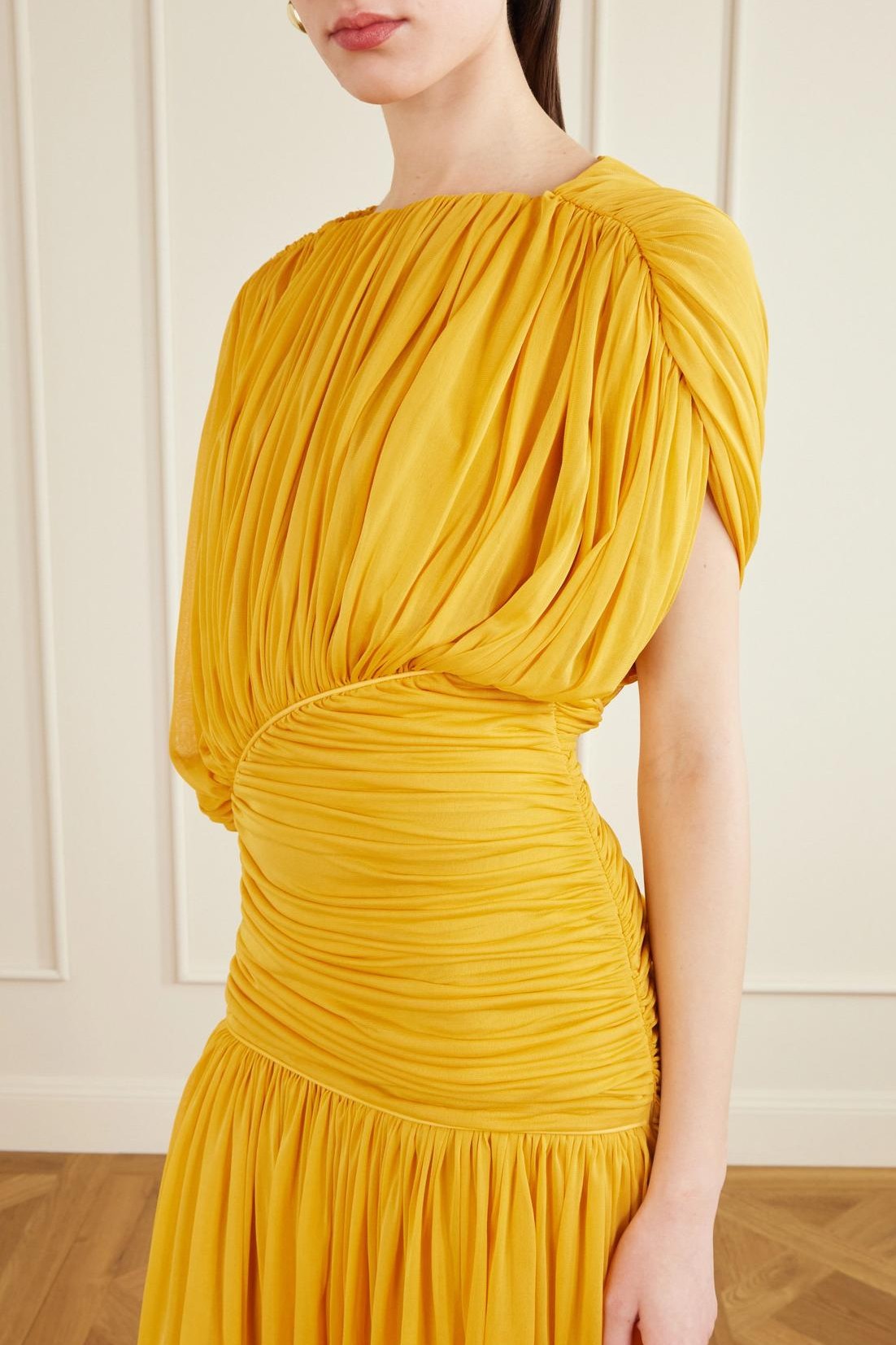 Round Neck Gathering Asymmetrical Maxi Dress