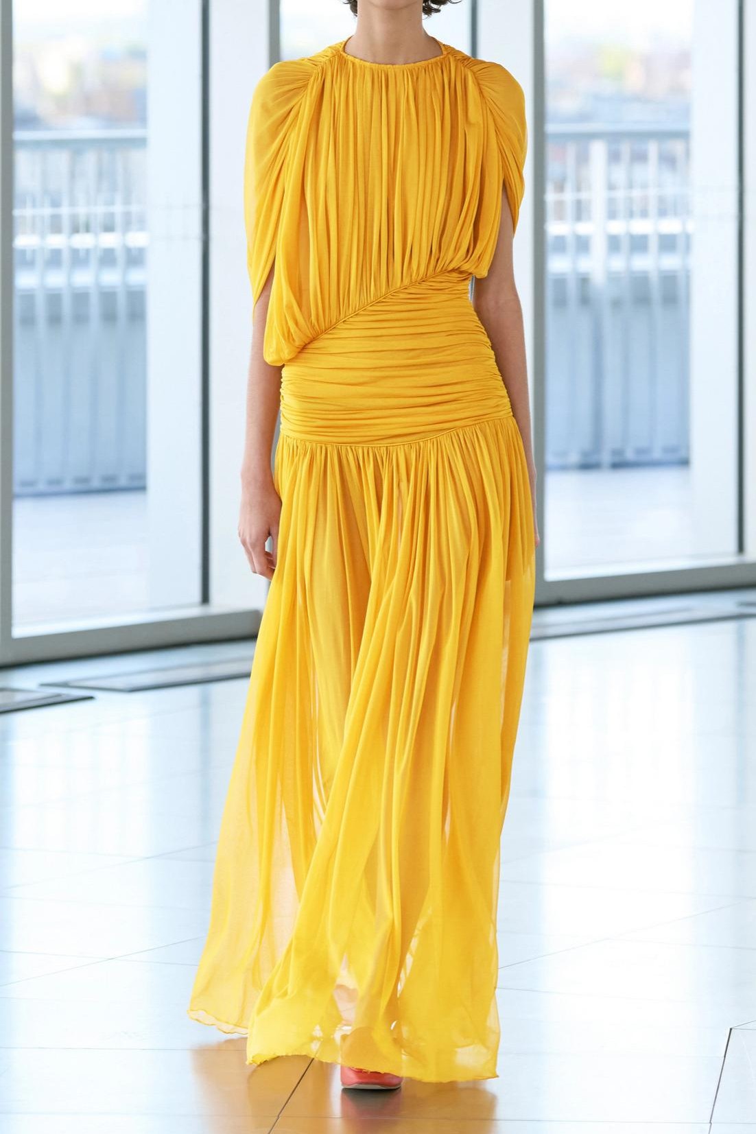 Round Neck Gathering Asymmetrical Maxi Dress