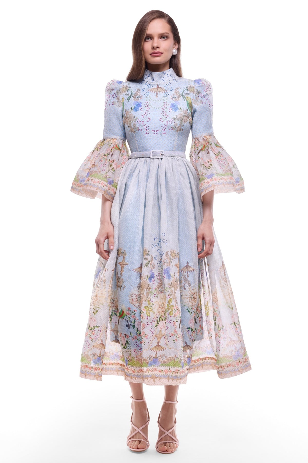 Floral Bell Sleeve Midi Dress With Belt