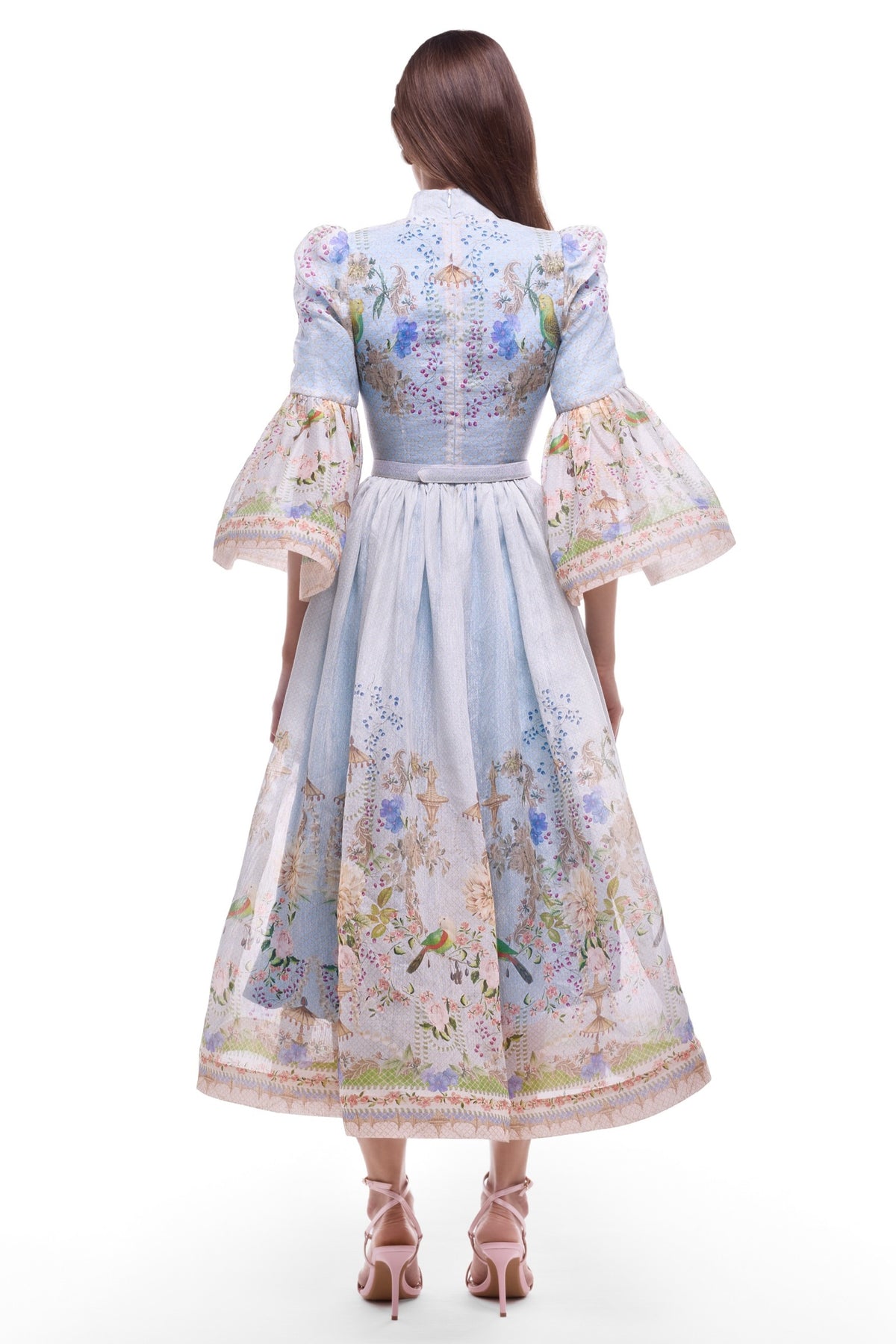 Floral Bell Sleeve Midi Dress With Belt
