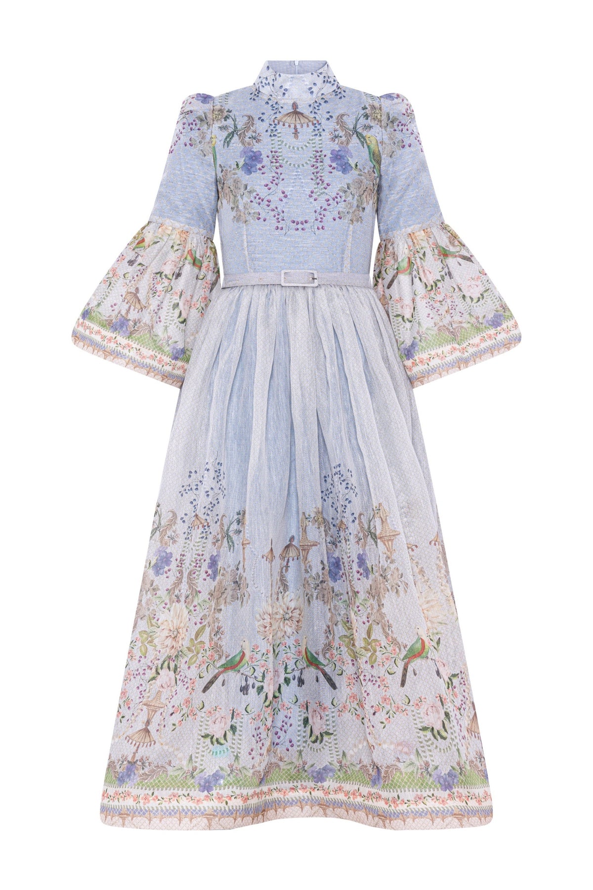 Floral Bell Sleeve Midi Dress With Belt