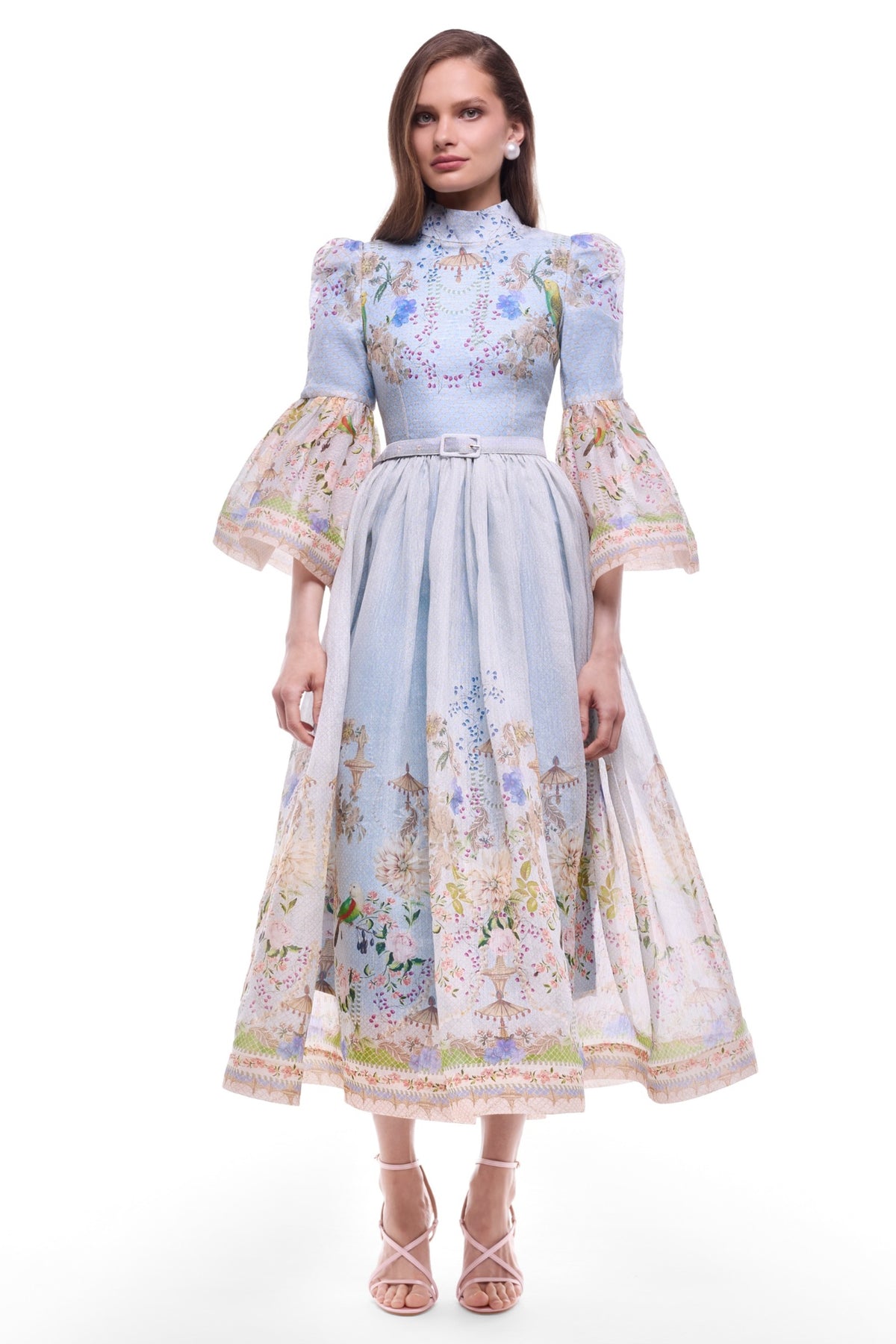 Floral Bell Sleeve Midi Dress With Belt