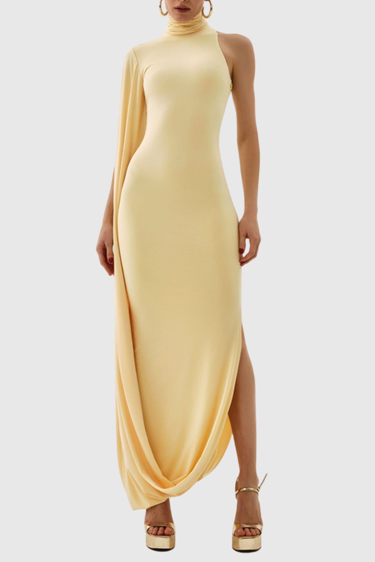 Jersey Asymmetrical Sleeve High Neck Midi Dress